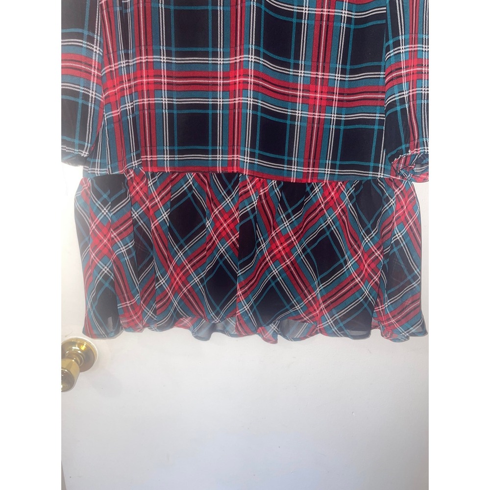 NWT Draper James Tie Neck Flounce‎ Shift Dress Plaid Red Navy Teal Women's M - Picture 4 of 10
